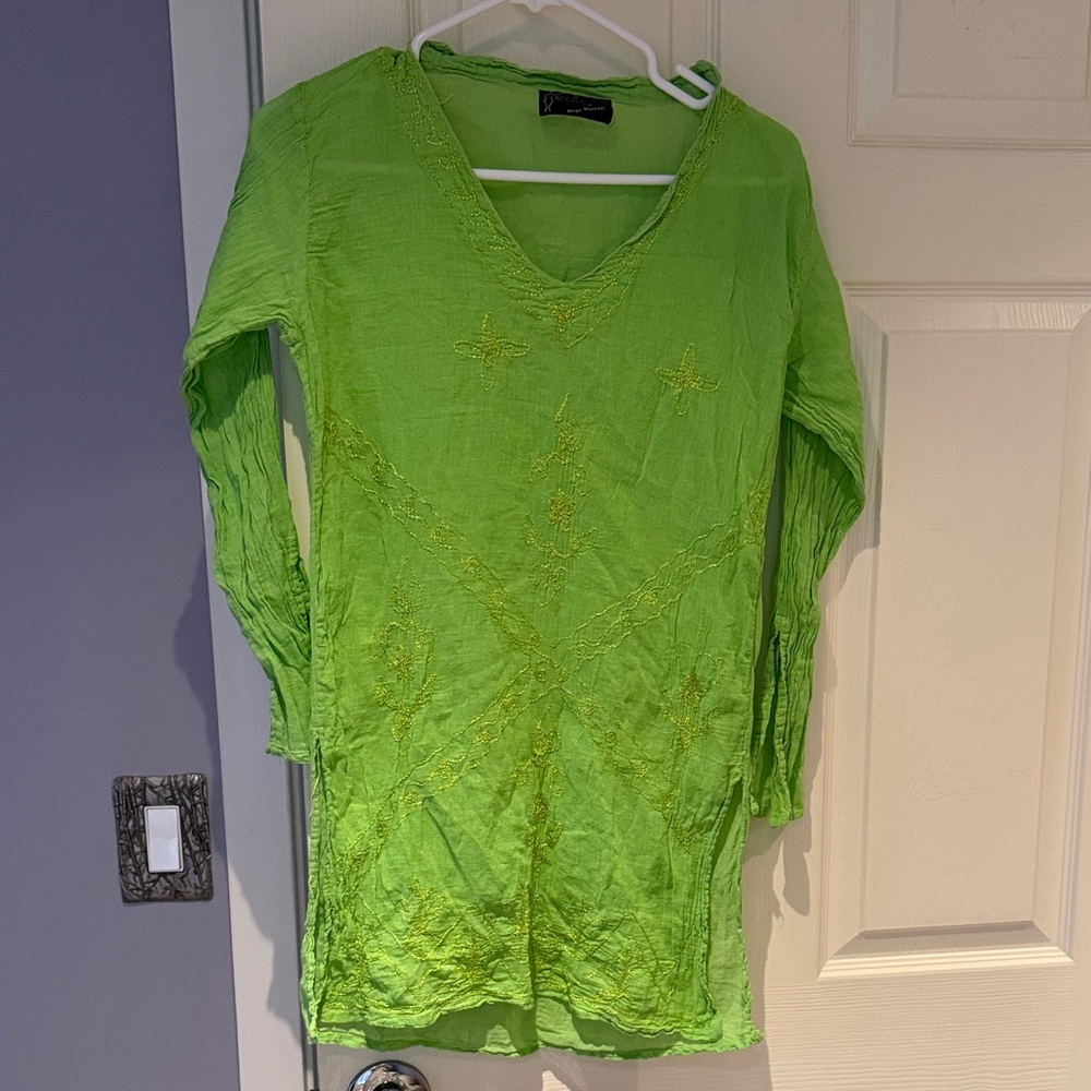 Gauzy, flowy green embroidered beach pool cover up